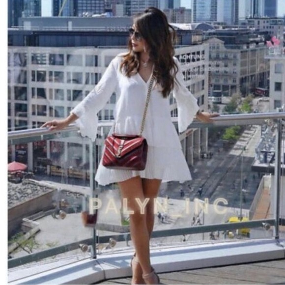 ZARA White PLEATED DRESS BLOUSE TUNIC Flowing V-neck blouse long sleeves - Picture 1 of 15